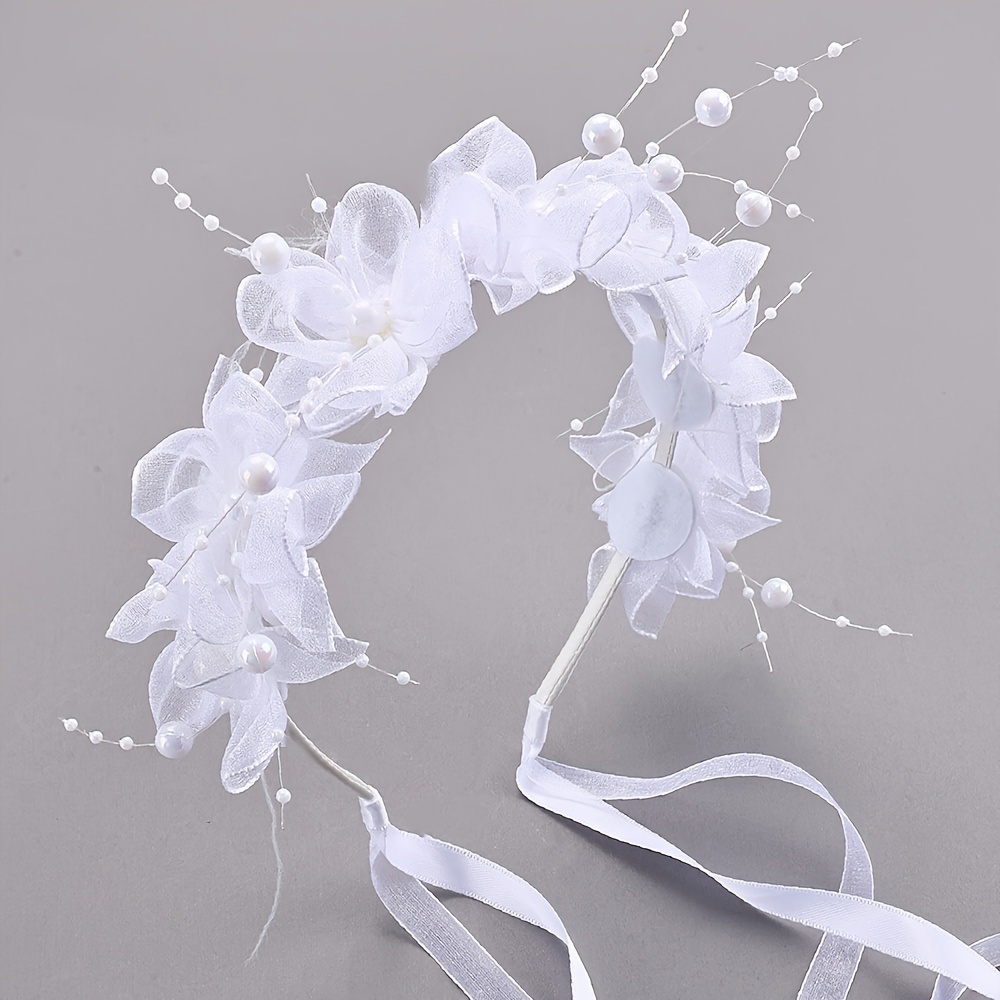 

Elegant Floral Hairband For Teens - Polyester White Tulle Flower Crown With Pearls, Over 15 Years, Headband With Ribbons,