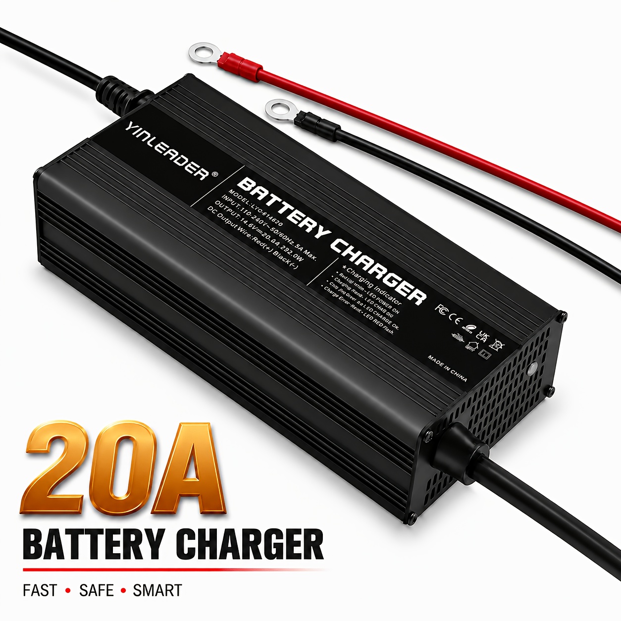 Image of Yinleader Fast 20a With Fan 12v Lifepo4 Battery Charger - Full Charge, -stage Charging, 0v And , For Marine Off-grid Golf Cart, Without Battery
