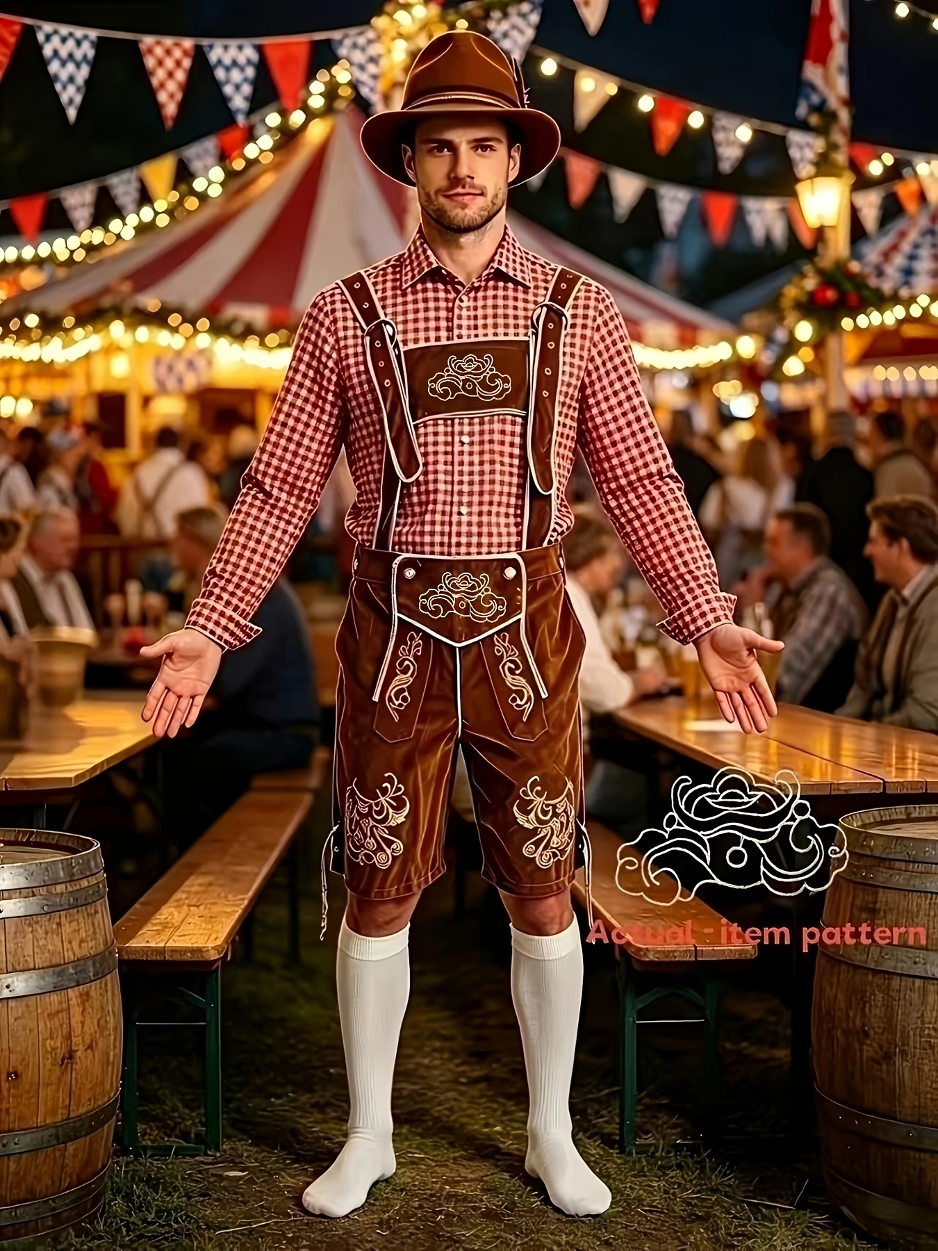 elementbilde oktoberfest antrekksett for voksne menn [skjorte, hatt, seler, knestrømper], morsomt münchner oktoberfest bayersk folkekarnival kostyme, deluxe tradisjonelt ølserverantrekk [broderimønster plassering kan variere]