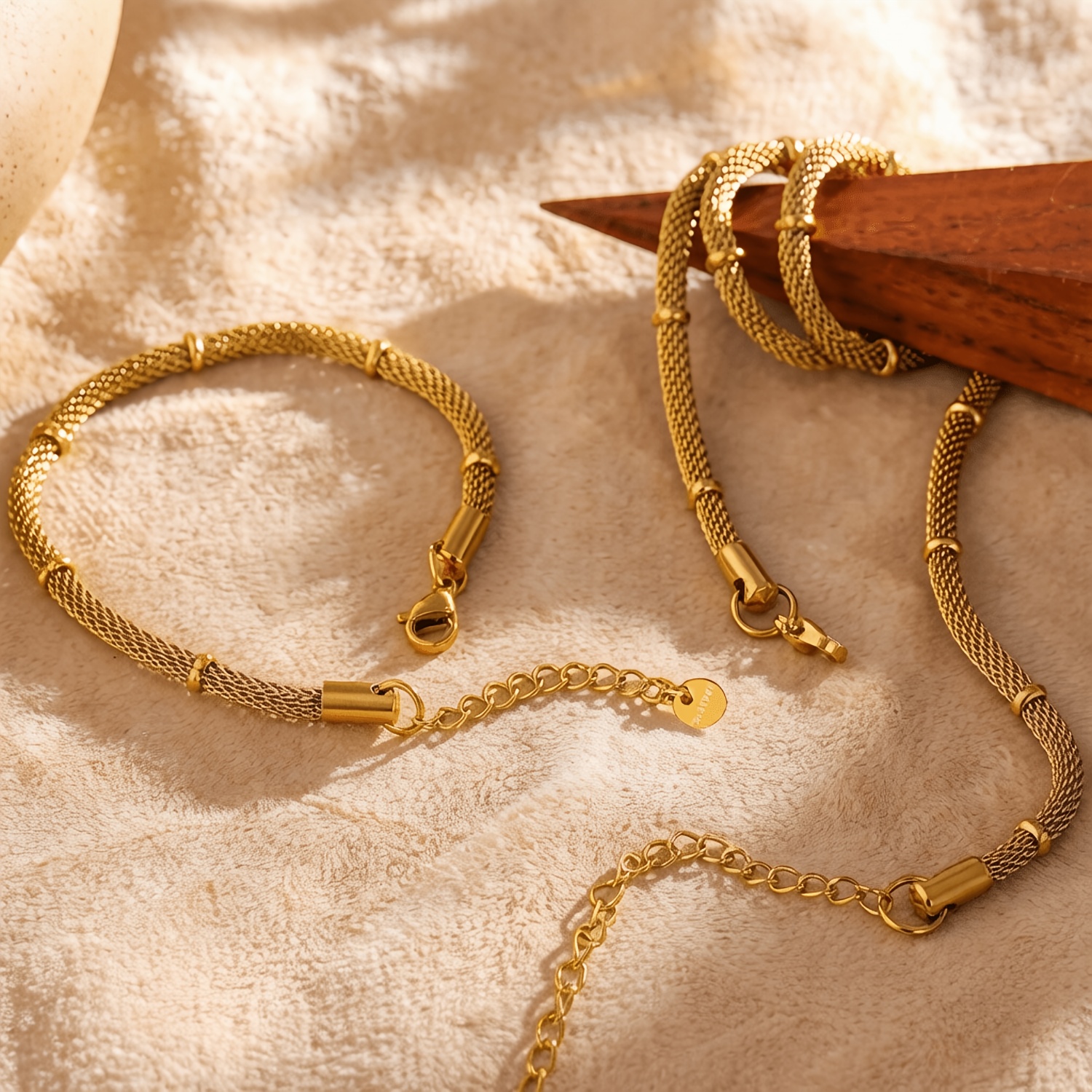 Women's Golden Stainless Steel Mesh Necklace & Bracelet Set