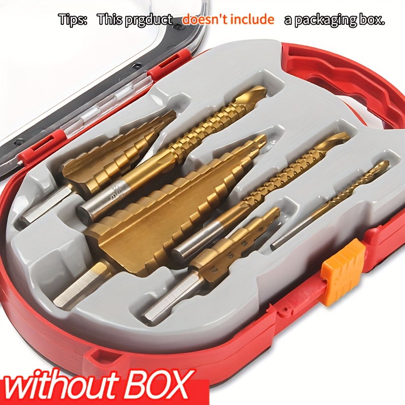a set of 6 step drill bits cast cutters in sizes 4 20 4 12   12 millimeters as well   6 and 8 millimeters suitable for woodworking and   drilling