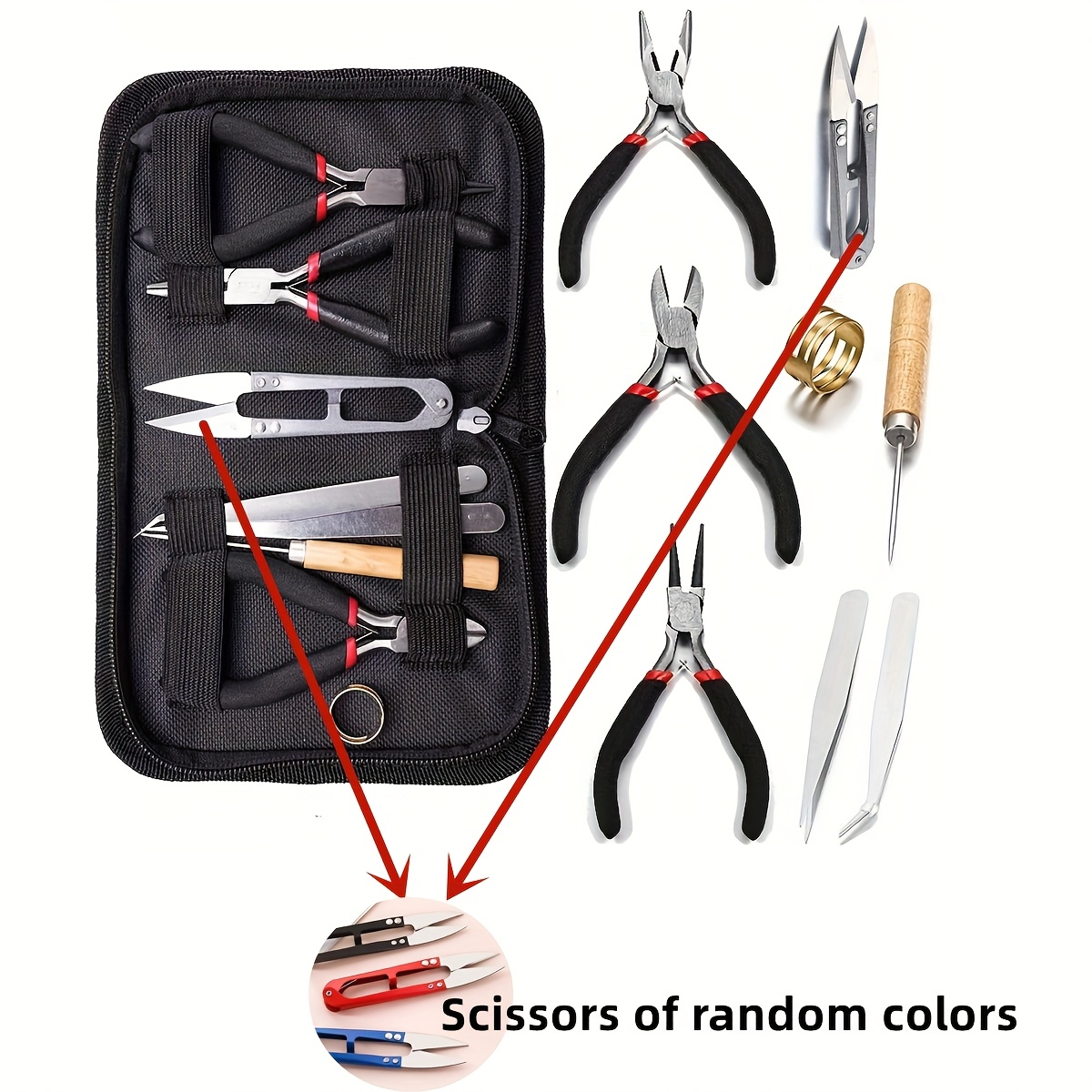 TEMU 1 Set Of 3 Colors Jewelry Making Tools Kit - Round Nose Pliers, Needle Nose Pliers, Random Color Scissors,diagonal Pliers, Non-serrated Wire
