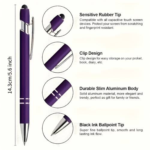 quality dark purple round ballpoint pens with stylus tips smooth writing screen control
