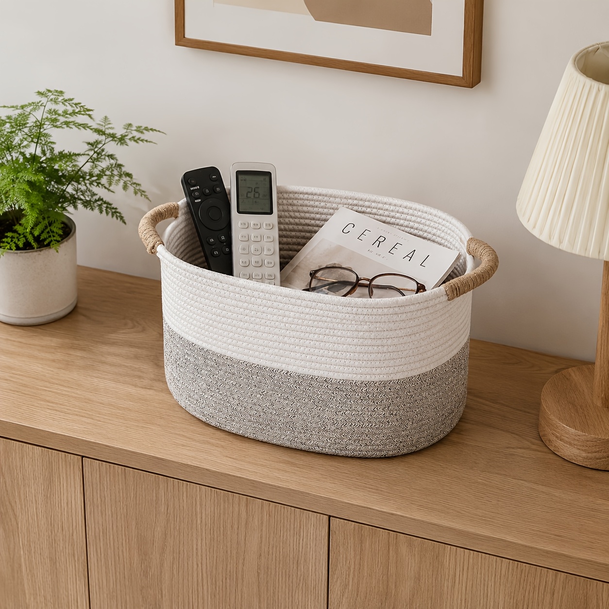 Woven Storage Basket with Handles, Decorative Organizer Bin for Living Room Cabinet, Remote Control Holder, Shelf Storage Basket for Blankets, Towels, Magazines, Books, Entryway And Bedroom Organization, Foldable Rope Basket, Home Decor Basket