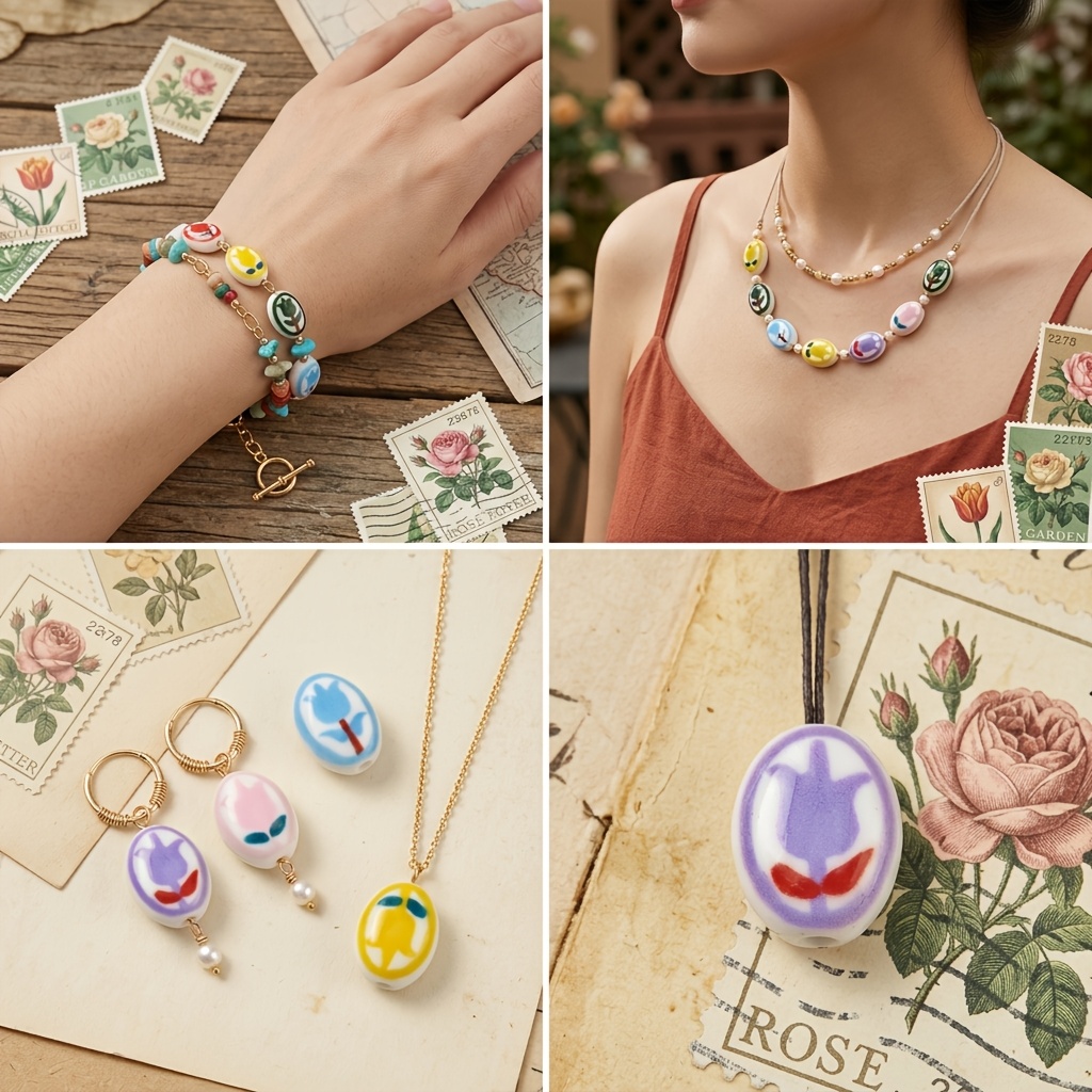 6/9pcs Hand-Painted Tulip Pattern Ceramic Beads, Bohemian Style
