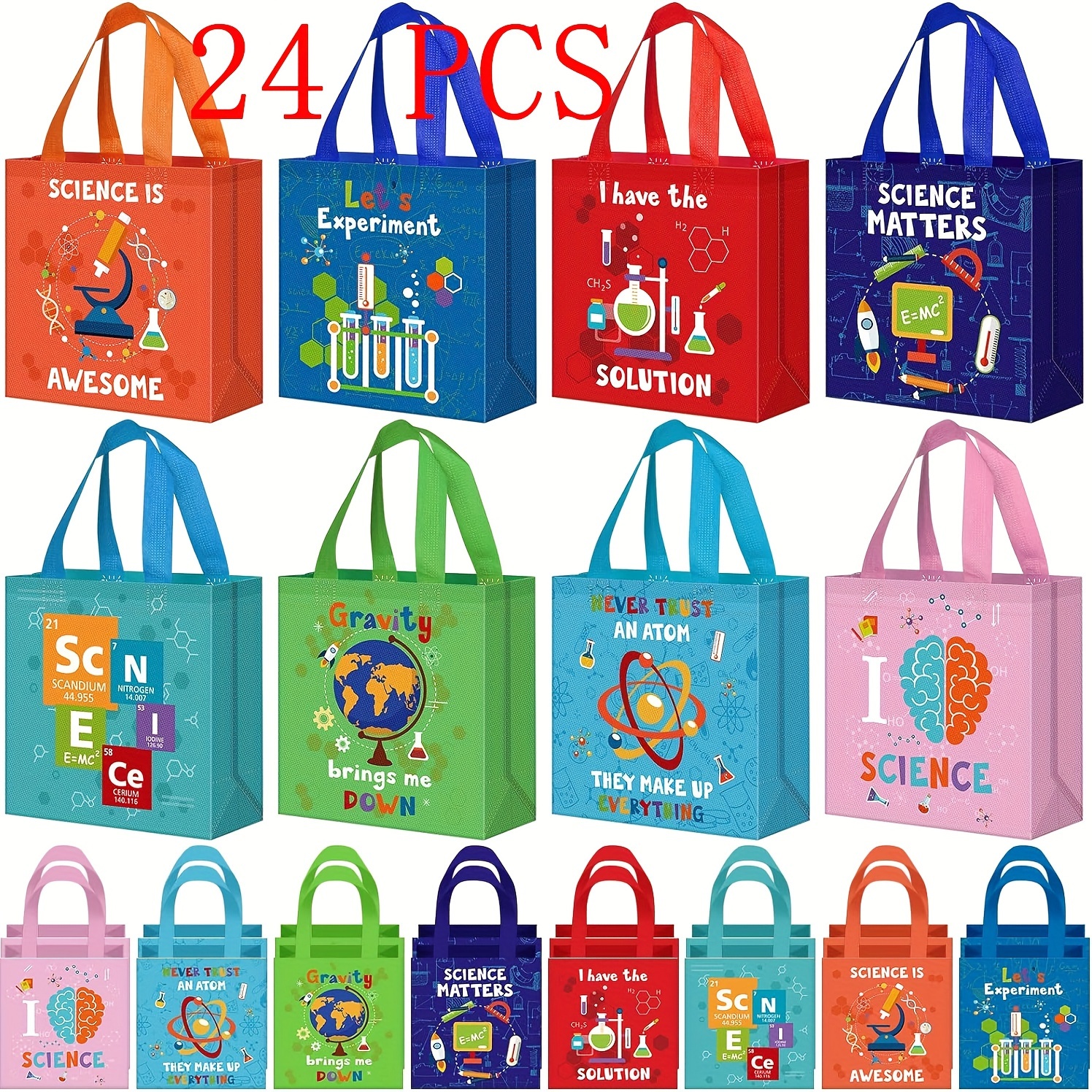 Image of 24pcs Science Party Favors Reusable Gift Bag With Handles Foldable Non Woven Fabric Tote Bag Gift Bag Colored Bags For Science Theme Party Supplies, 8 Styles,christmas,halloween