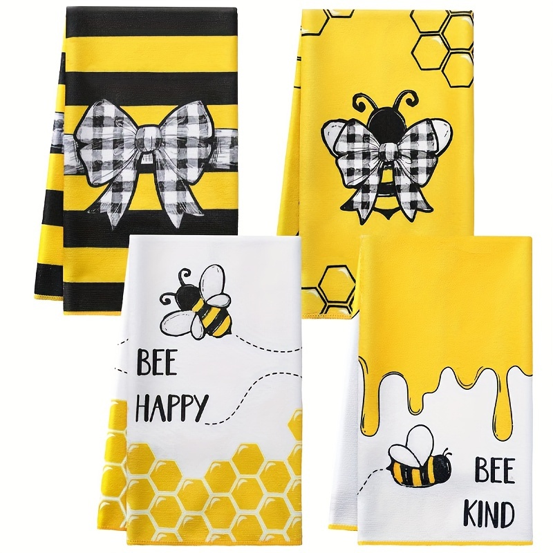 

4pcs, Hand Towels, Cute Bee Strip Pattern Kitchen Dish Towels, Honycomb Cartoon Style Yellow Wipe Hand Towel, Kitchen Decoration Towel, Neighbor Gift, Cleaning Supplies