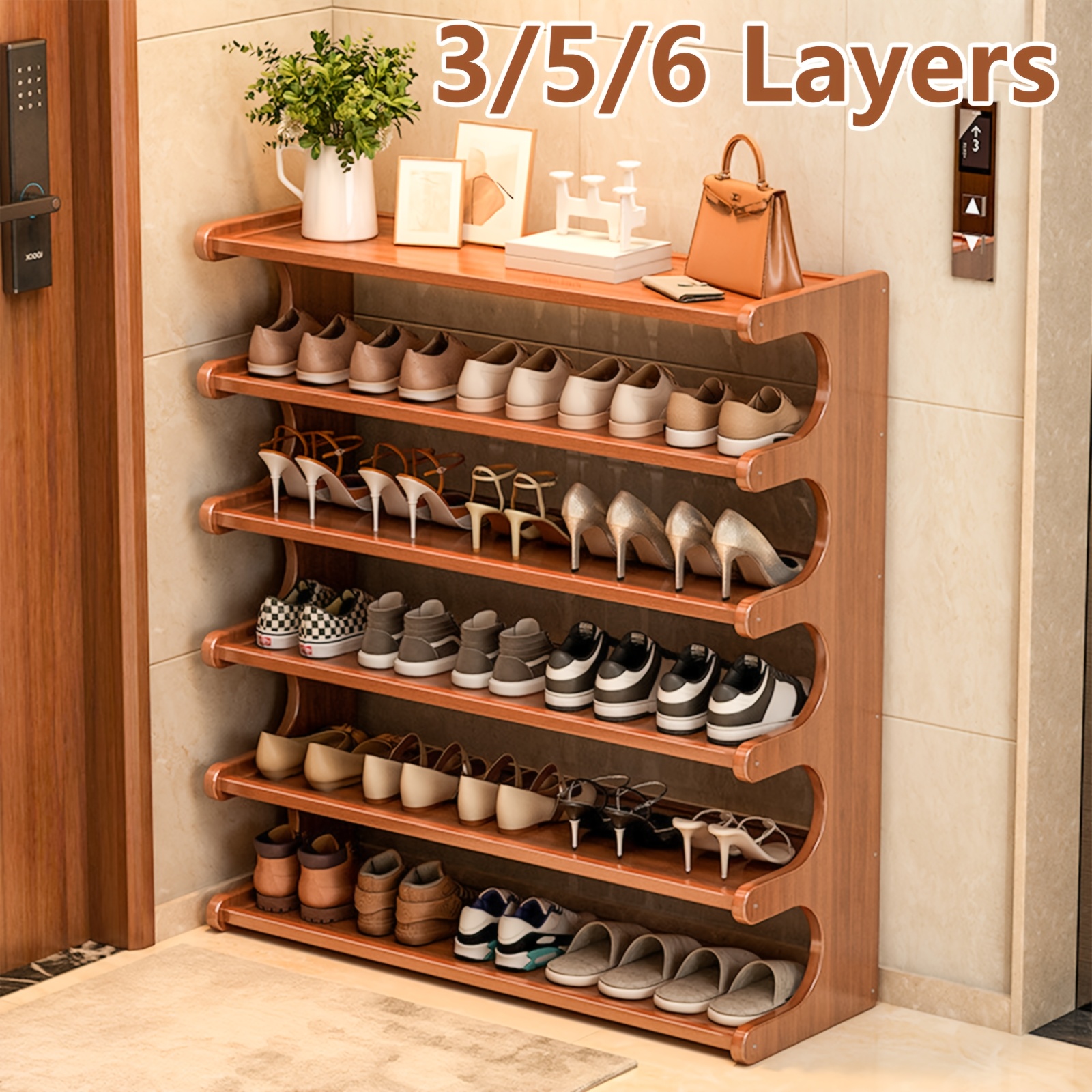 1pc bamboo shoe rack wood grain decoration shoe storage organizers 3 5 6 layers storage rack easy to assemble space saving shoe shelf for front door entrance entryway living room bedroom garags