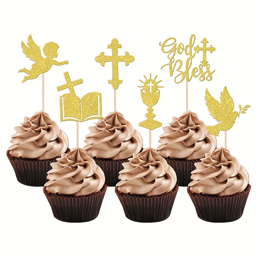 24pcs God Cupcake Toppers Glitter Bible Cross Cupcake Picks God Christian Baptism First Communion Theme Birthday Party Cake Decorations Supplies