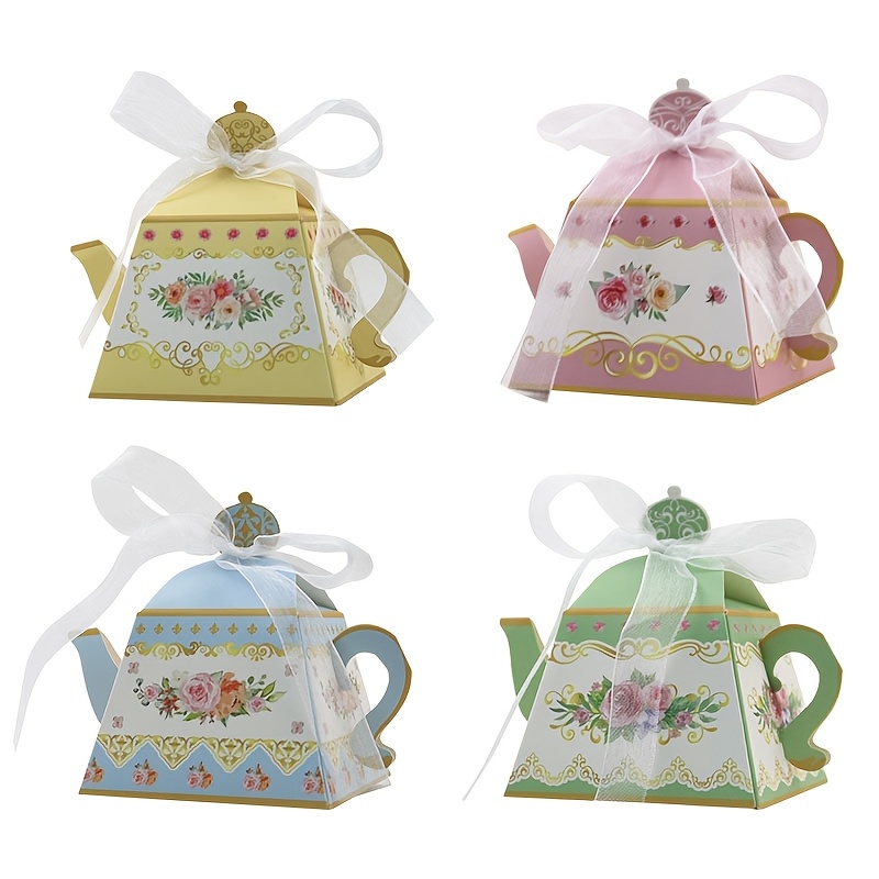 TEMU 4pcs Vintage Floral Teapot Shaped Paper Gift Boxes With Ribbon, Exquisite Tea Party Gift Boxes Suitable For Bridal Shower, Shower And Wedding