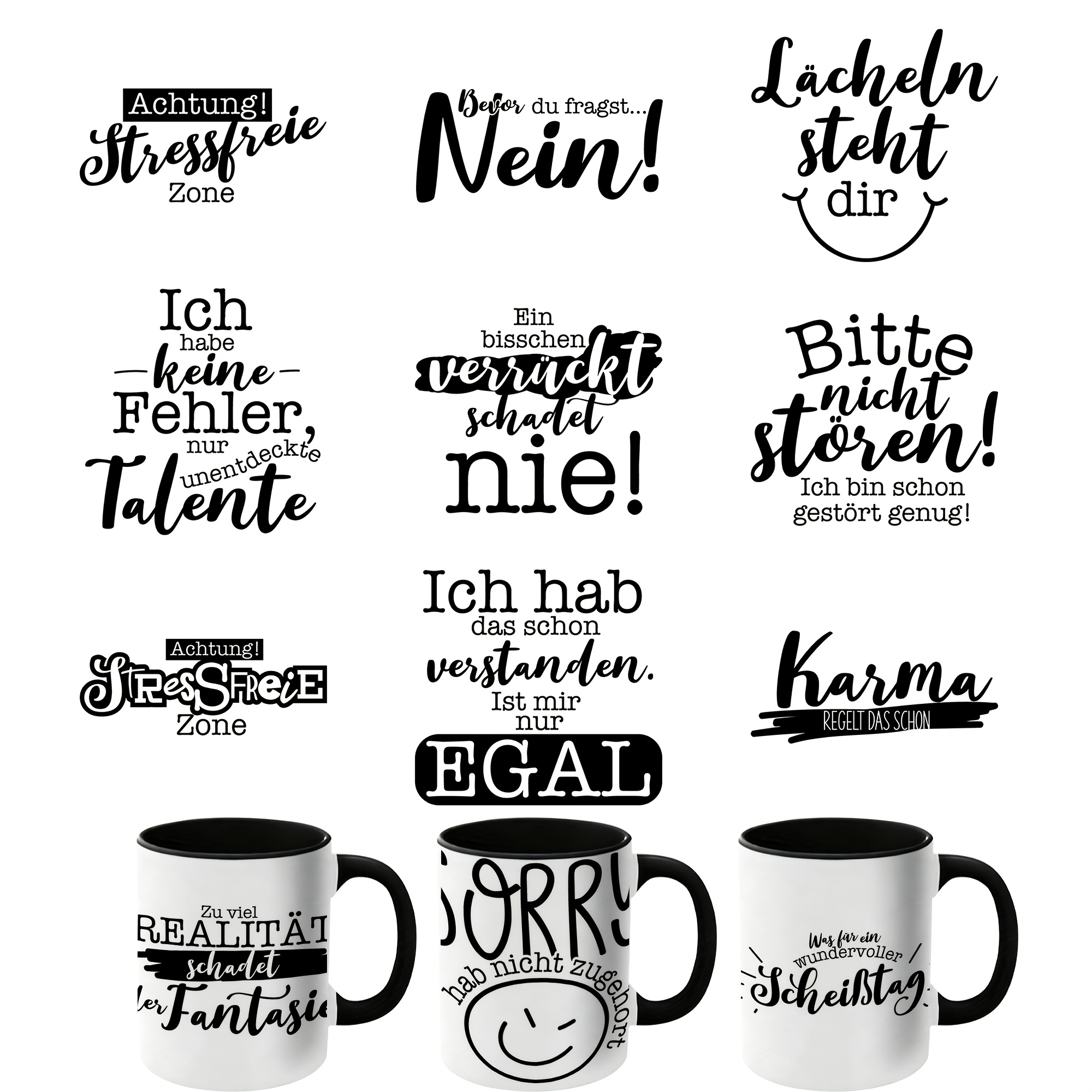 TEMU 12-teiliges Set lustige deutsche Sprüche-Themen-UV-DTF-Schlüsselanhänger-DIY-Transferpapier – Wasserfestes Muster, Laptop-Dekoration,