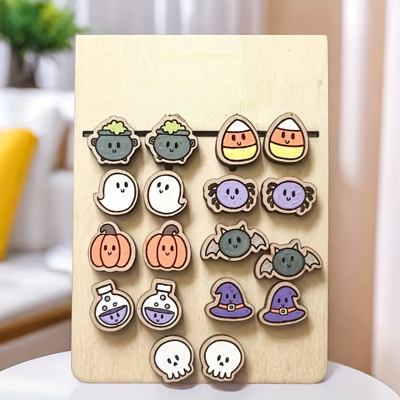 

Cute Kawaii Stud Earrings Set, 9 Pairs - Stainless Steel Post And Wood, No Plating, Unisex Style For Daily And Party Wear