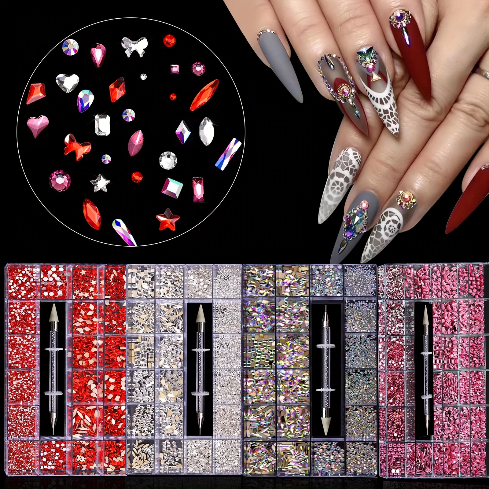 

21-compartment Nail Art Rhinestone Set, Nail Gems, Mixed Shapes Flatback Crystals, Manicure Nail Decorations Kit