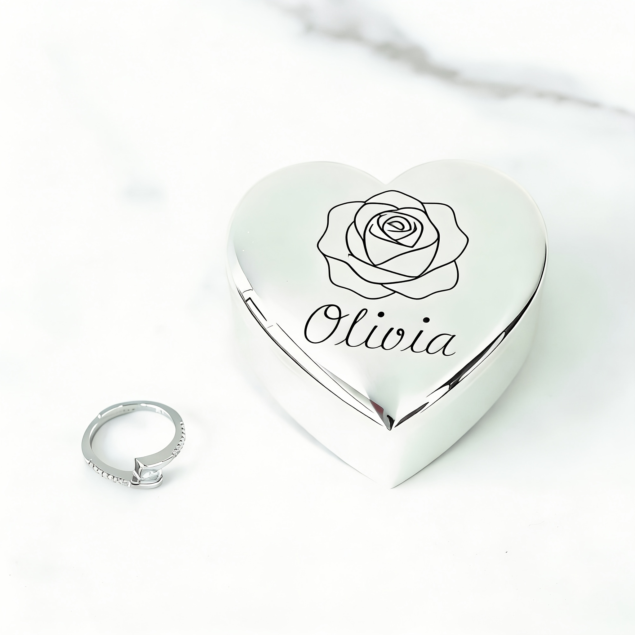Laser Engraved Heart-Shaped Jewelry Box with Rose Design