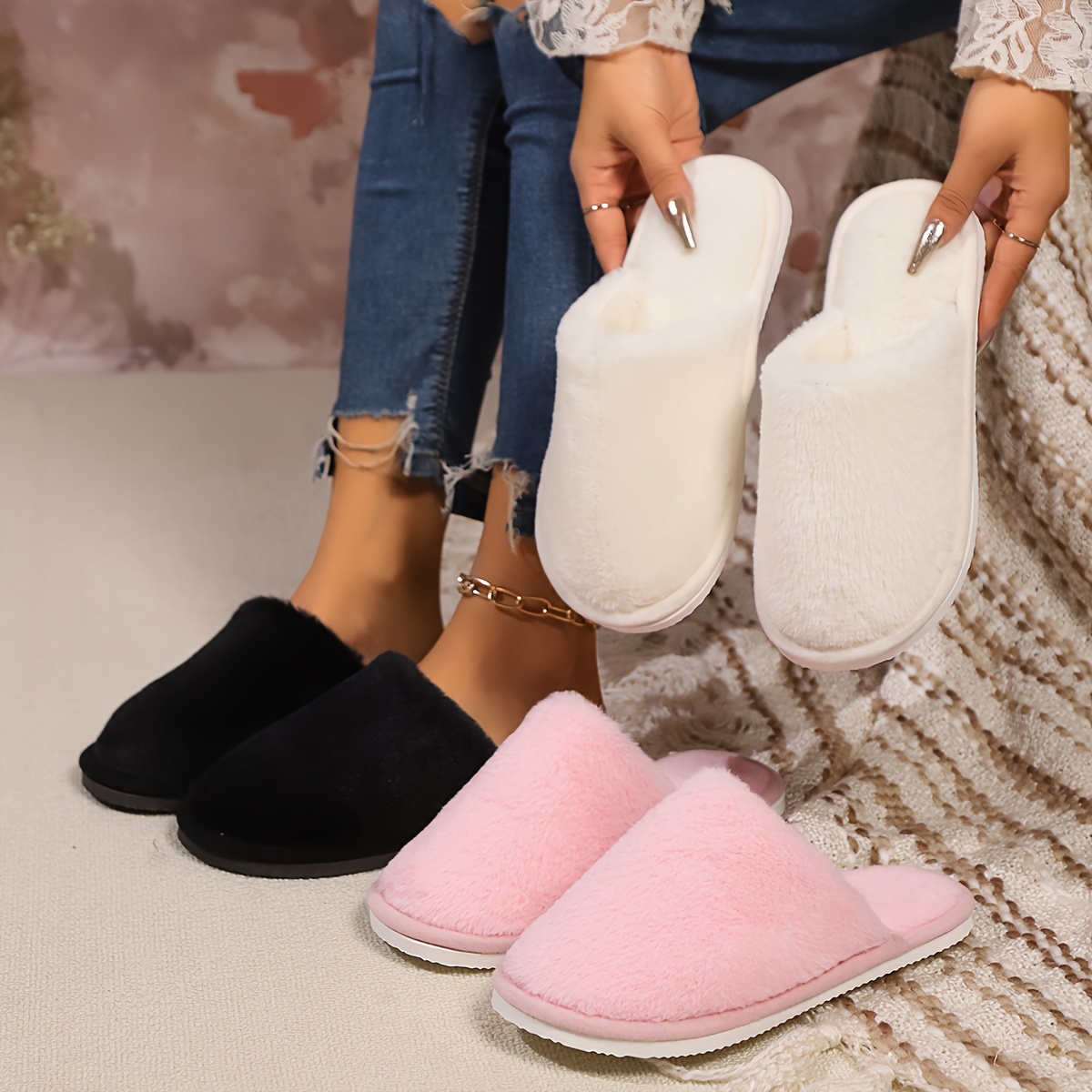 

Casual Solid Color Slip-on Slippers - Bedroom Floor Slides For Men And Women, Warm Fabric Upper, Soft Fabric Inner, Eva Sole, Non-printing Design, For North America And Europe - Cixi