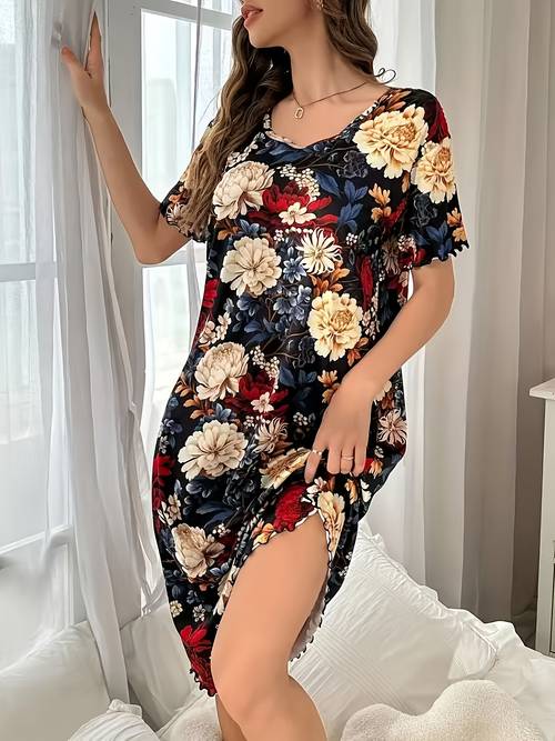 womens peony floral print short sleeve nightgown soft and breathable round neck sleeprobe machine washable casual wear loose and comfortable pajamas