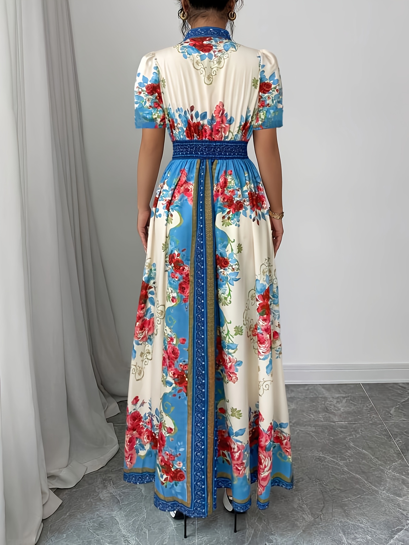 womens floral print elegant a line dress with stand up collar puff short sleeves machine washable summer long dress with side   regular fit for casual formal occasions cute dresses Product details 18