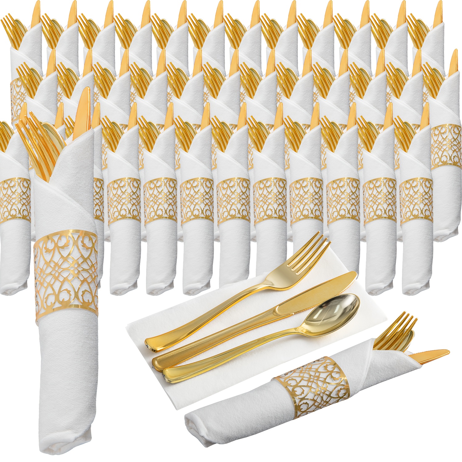 TEMU Golden Plastic Silverware, Rolled Plastic Silverware, Pre Rolled Napkins With Plastic Cutlery Set, Wrapped Plastic Cutlery Set With Napkin,