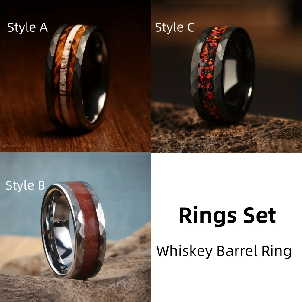 TEMU 3pcs Whiskey Barrel Ring Collection - Deer Antler, Guitar String, Wood Inlay Wedding Bands For Him, 8mm, Everyday & Gift Occasion, Wedding
