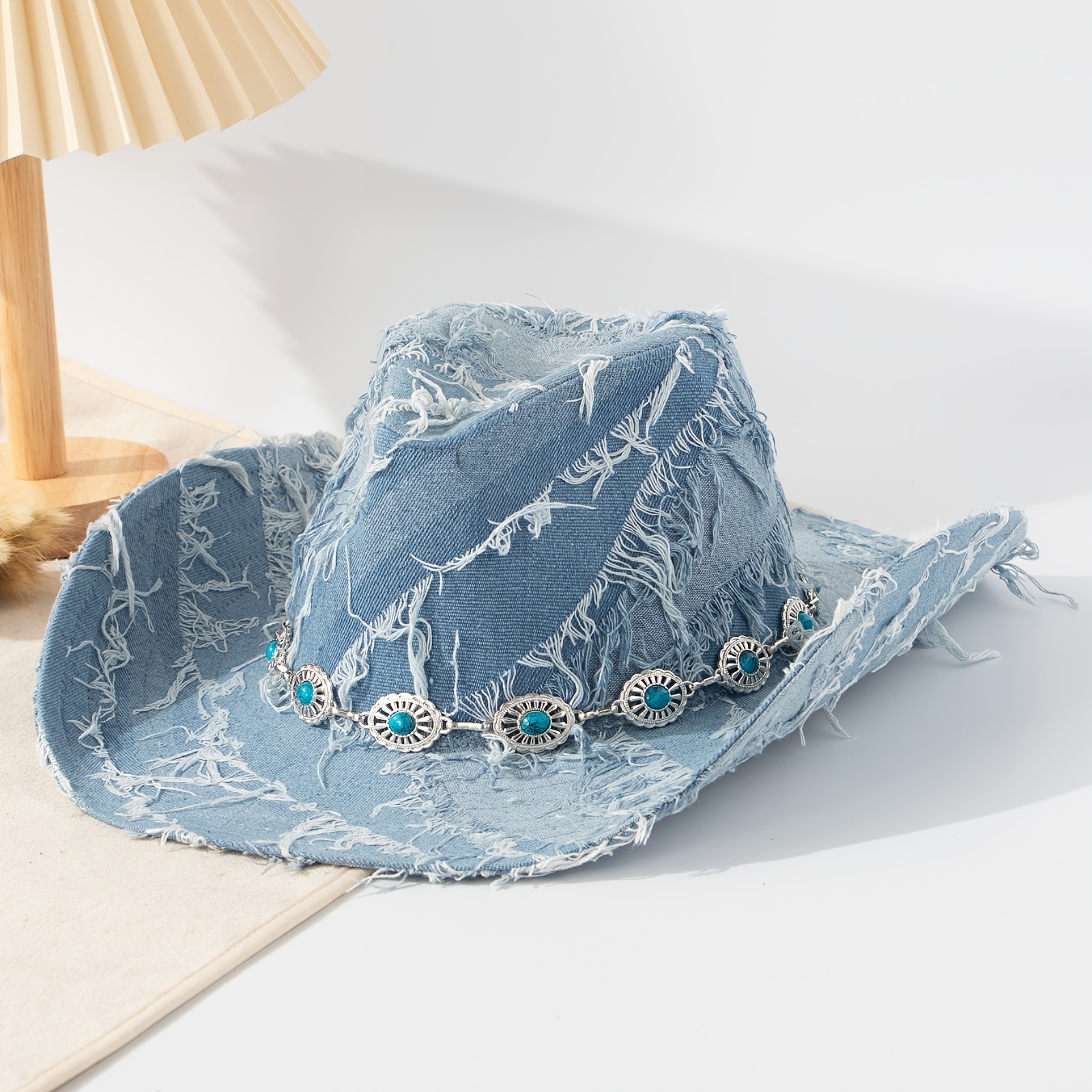a handcrafted vintage style cowboy hat frayed tassels a  display picture 2