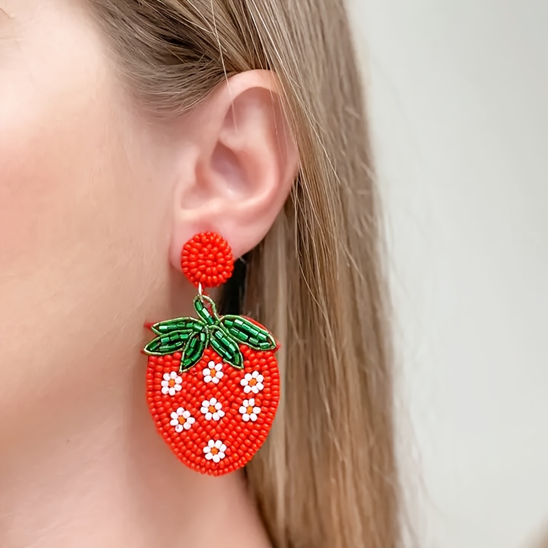 

-chic Strawberry Beaded Dangle Earrings - Handcrafted Rice Beads, Stainless Steel Posts, Beach Vacations & Parties