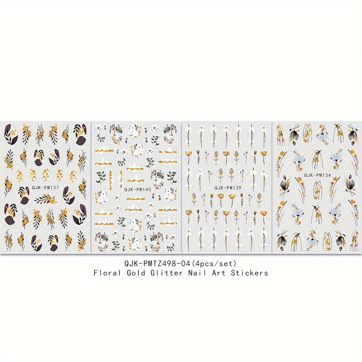 4pcs Spring/summer Floral Golden Glitter Nail Stickers Nail Self-adhesive Decoration Tools Floral Nail Decoration Accessories
