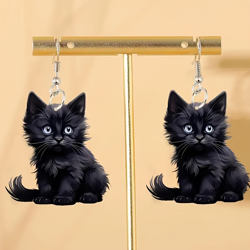 

1pair Black Cat Earrings, Sweet And Feeling, 2d Acrylic Jewelry, Cute Cat