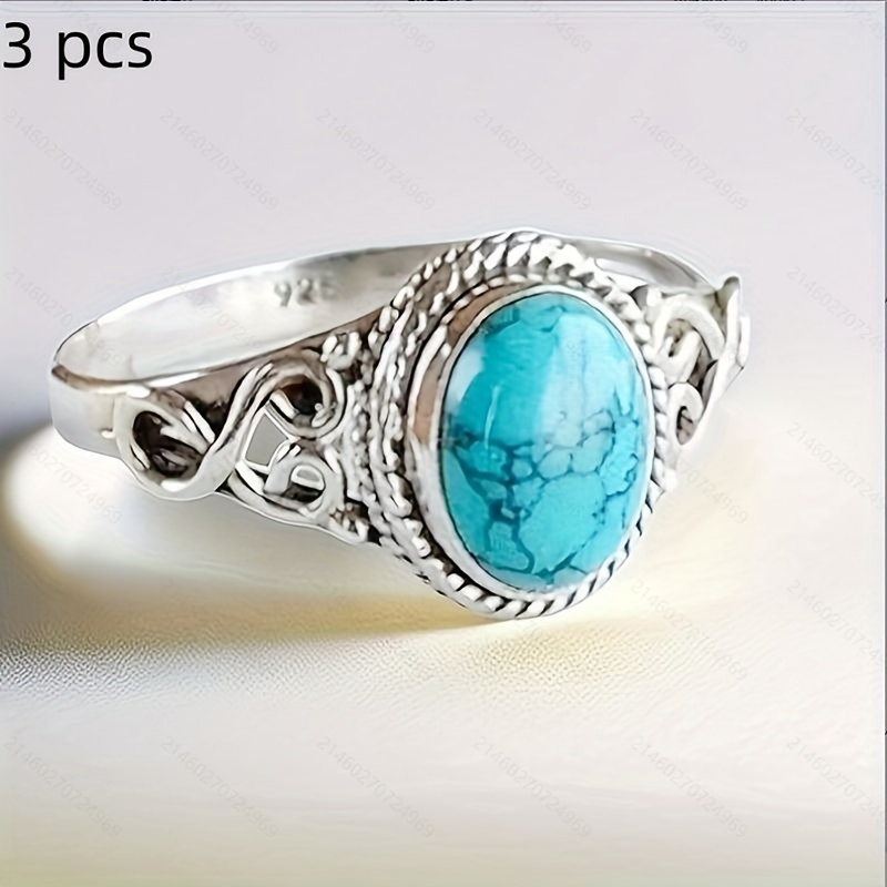 

3pcs Imitation Turquoise Wedding Engagement Retro Ring Gift Size 6-10