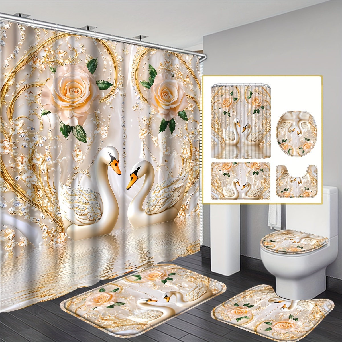 

4pcs Luxurious 3d Print Shower Curtain Sets, Includes Waterproof Shower Curtain, Non-slip Bath Mat, Toilet Seat Cover, Bath Rug, And 12 Plastic Hooks, Bathroom Accessories, Home Decor