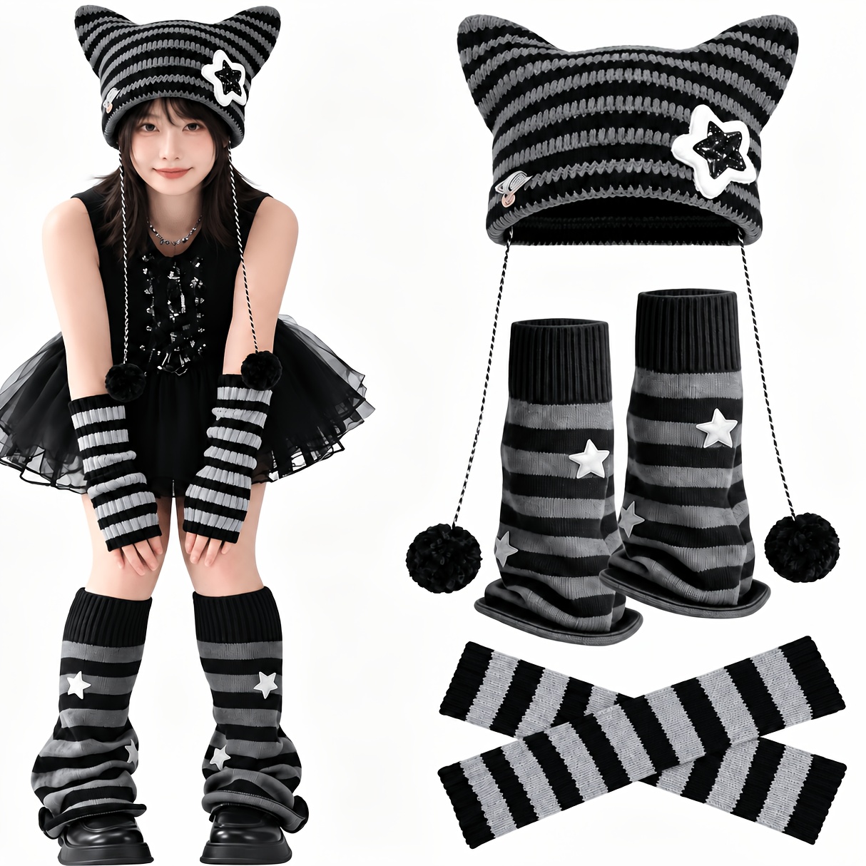 TEMU 5pcs Vintage Y2k Women's Pentagram Hat, Striped Arm Sleeves, And Knee-high Socks Set - Fashionable Warm Slouchy Socks, Knit Beanie, And Knitted