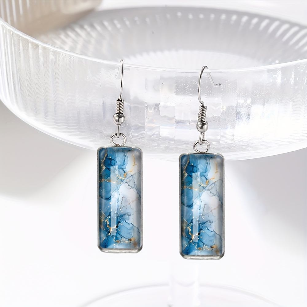 TEMU 1 Pair Blue White Ink Wash Pattern Rectangular Earring Irregular Earrings Glass Dome Jewelry Gift For Friend