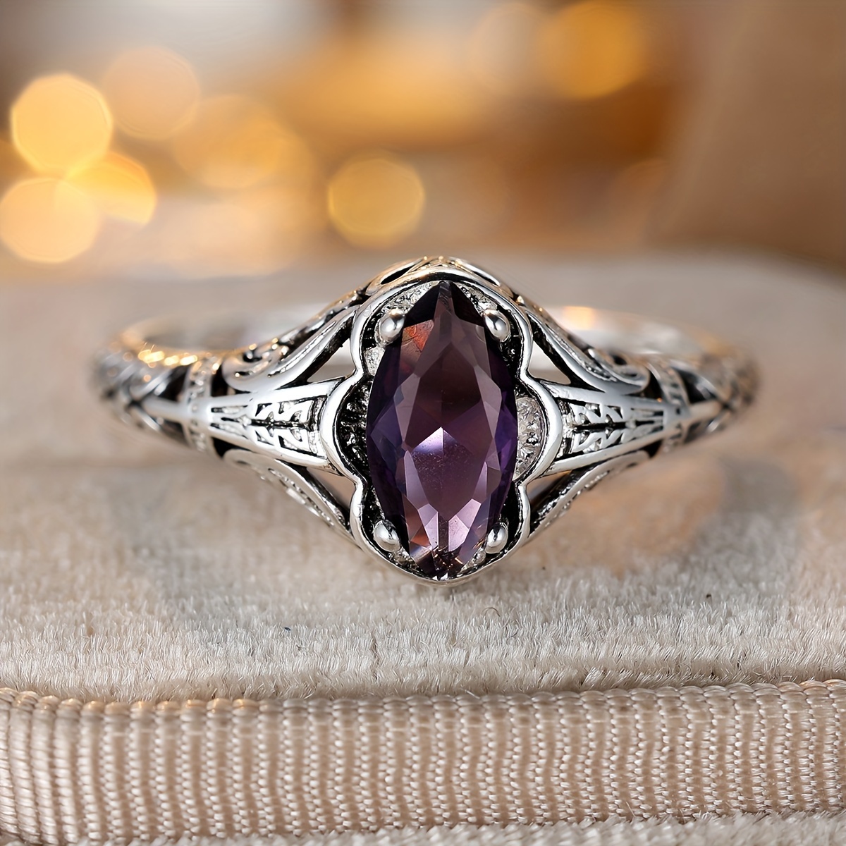 

Vintage Elegant Purple Zirconia Gemstone Engagement Ring - Filigree Engraved Copper Band, No Plating - Fashionable Wedding Band For Women, Anniversary Gift, Ideal For Party And Wedding Occasions