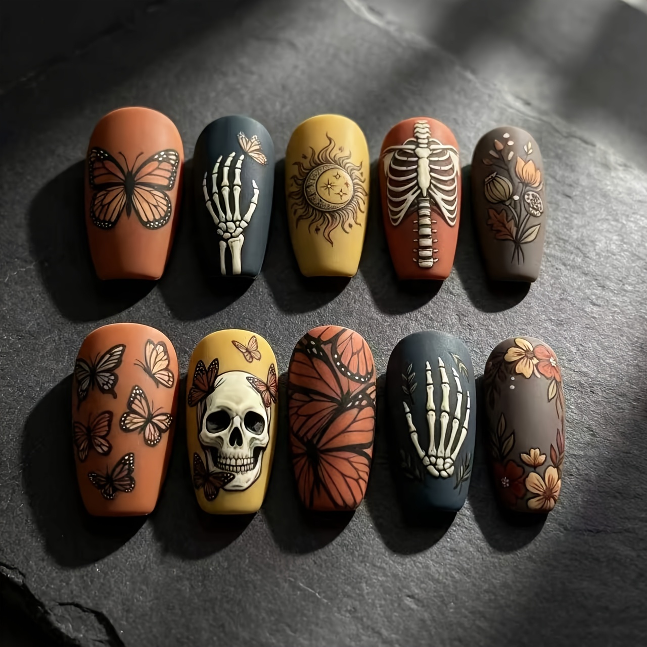 TEMU 10pcs Halloween Wearable Nails, Retro Caramel Hand-painted Nails, Gothic Autumn Atmosphere Long Ballet Nails