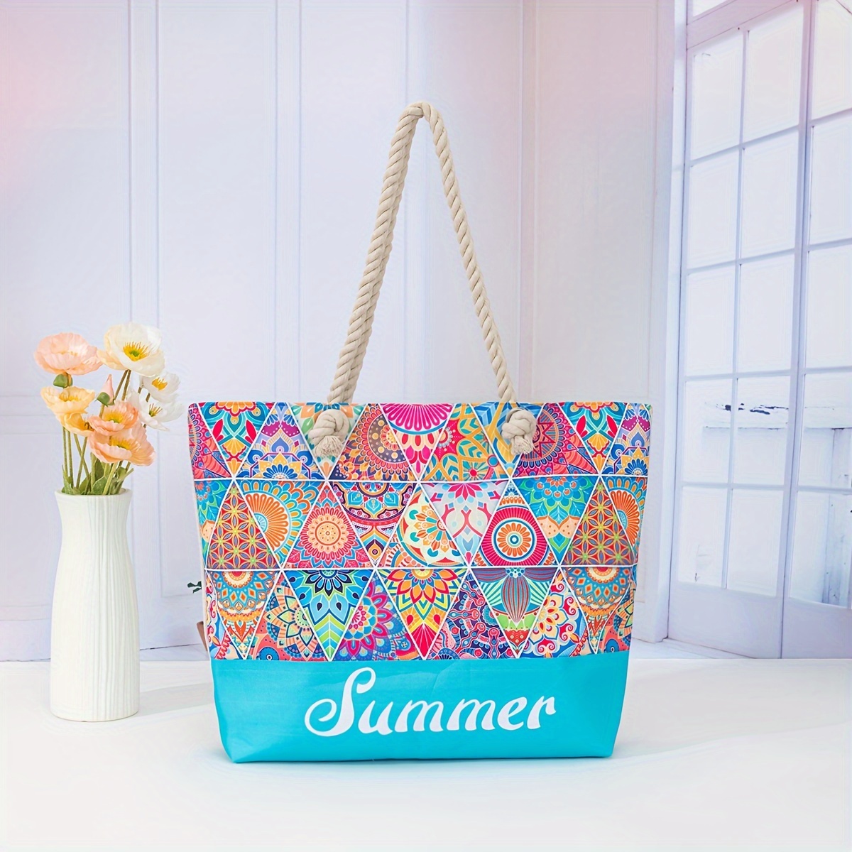 

Summer Printed Casual Style Canvas Material Tote Bag With Rope Handles, Large Capacity Shoulder Bag For Beach, Travel & Vacation