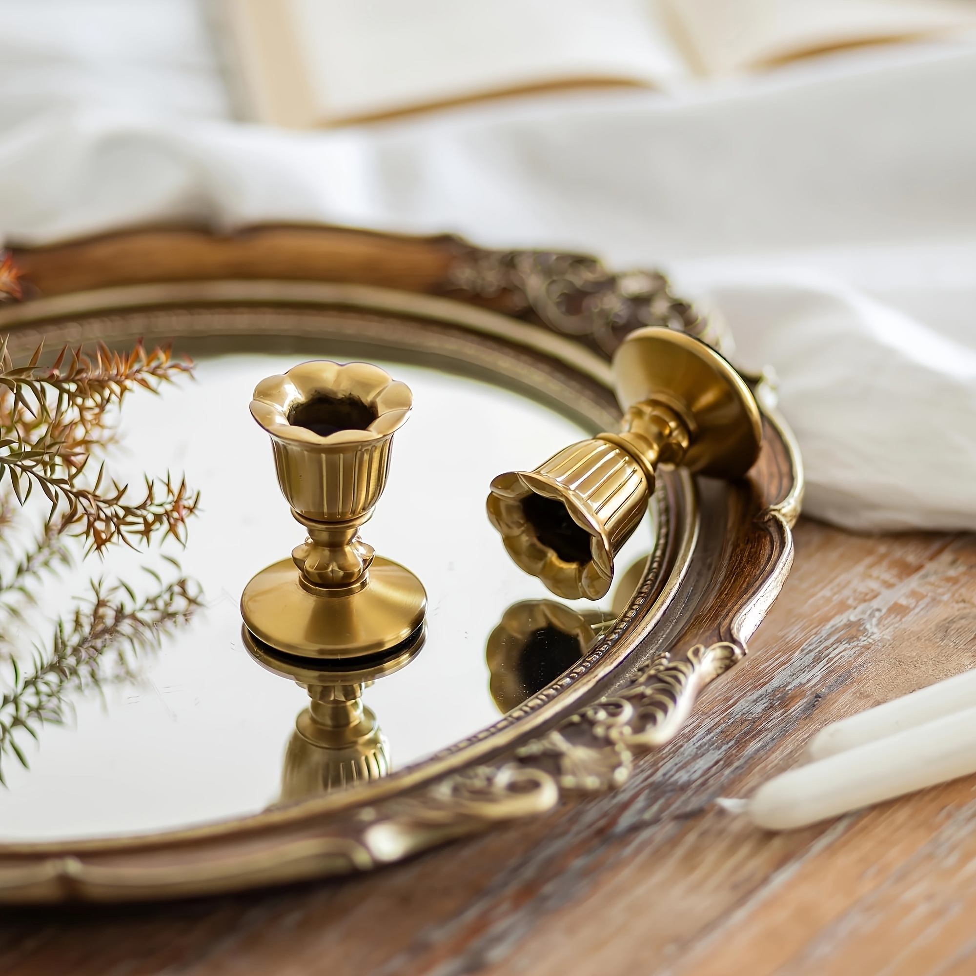 Image of Set Of 6 Vintage Candlestick Candle Holders Metal- Taper Golden Candle Stick Victorian Style For Table Centerpiece Wedding Reception Festive Christmas Mantel Decoration Or Home Decor