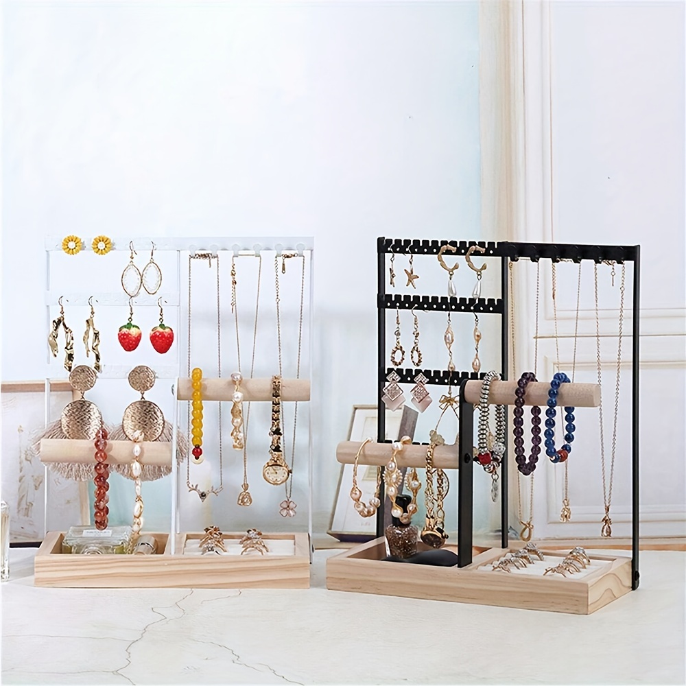 

5-tier Jewelry Tower Organizer Stand With Wooden Base, Iron Metal Necklace & Earring Holder, 6 Hooks Display Rack For Bracelets, Watches, Piercings - White Tabletop Storage Tower