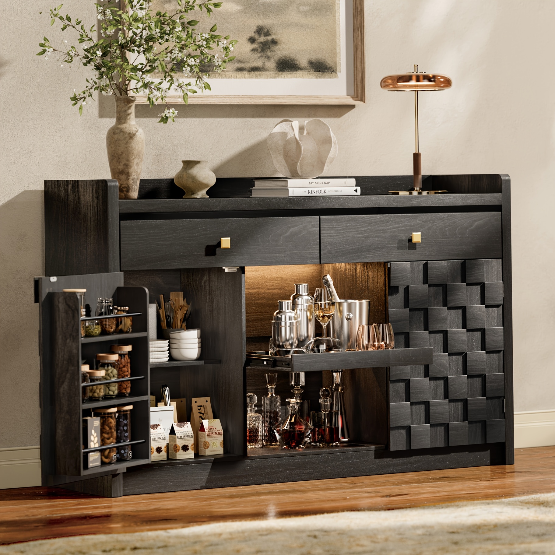 55" Buffet Cabinet - Charging Station & LED Coffee Bar