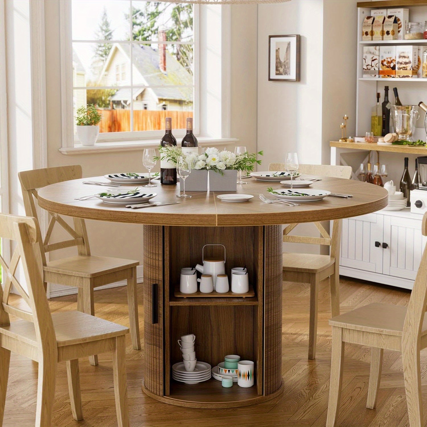 TEMU Round Dining Table Featuring Wooden Sliding Doors, A Contemporary Kitchen Table Measuring 100 Cm Designed For 4 Individuals, Equipped With 2