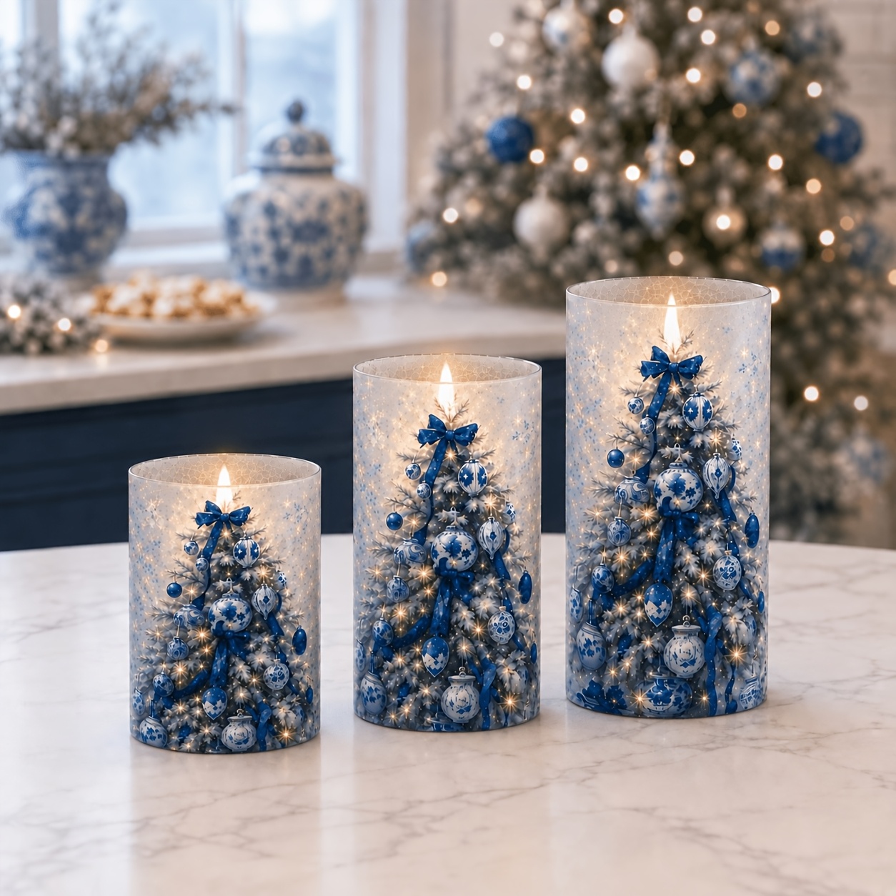 TEMU 3 Sizes Mixed Blue White Christmas Tree Candle Lamps, Exquisite Bow, Christmas Ball And Snowflake Patterns, Warm Winter Desktop Ornaments,