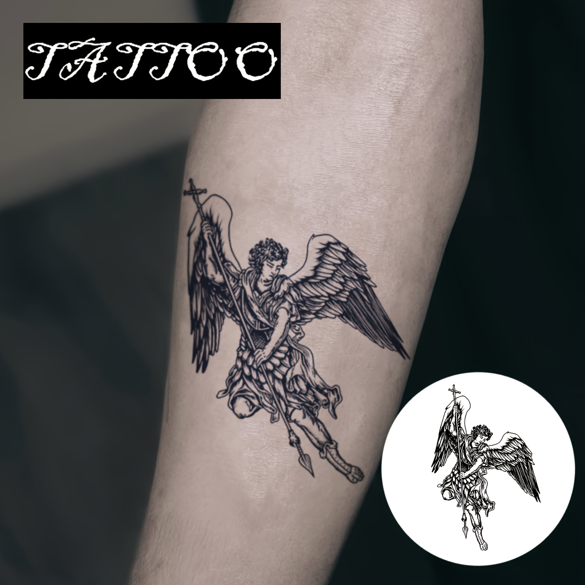 Image of Archangel Michael Guardian Tattoo Sticker | Classic Tattoo | Body Art Decoration | High-definition Realistic Easy Application And Removal