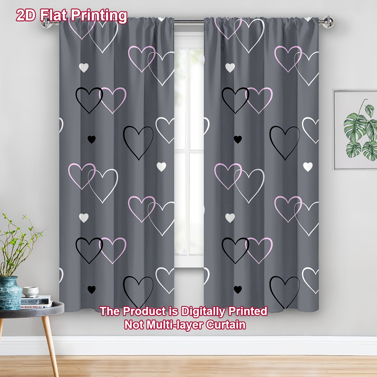 TEMU 2D Plat - 2D Plat - Ensemble de 2 rideaux décoratifs 2D Plat imprimés pour la Saint-Valentin, motif cœur facile, rideaux décoratifs à fleurs,