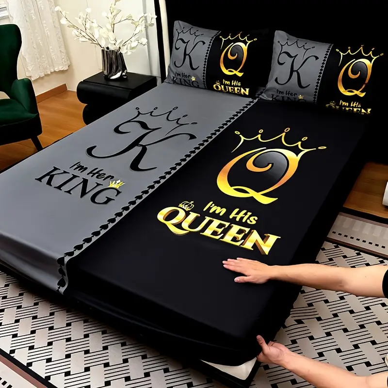 3pcs super soft breathable black grey color blocking letter bed sheet 1pc bed sheet 2pcs pillowcase no filling deep pocket in 15 inch mattress protector bedroom high definition printing suitable for room decor Product details 1