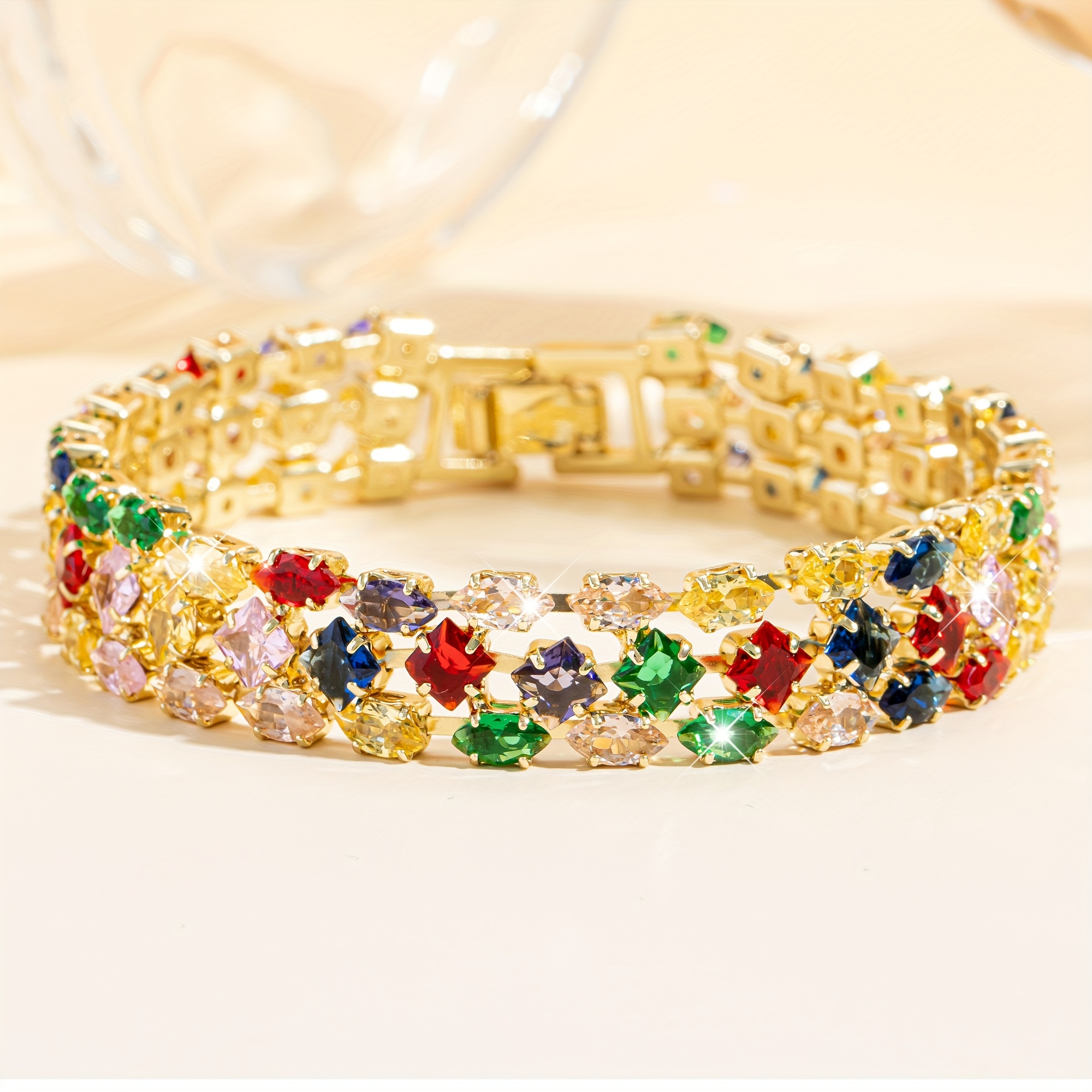 E-shop Elegantes Mehrfarbiges Bohemian-Stil Synthetischer Edelstein Damen Tennisarmband - Vintage Bohemian-Stil, Funkelnde Kubische Synthetische