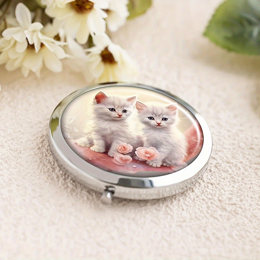 Chic Silvery Compact Mirror with Cute White Cats Design - Double-Sided, 1X/2X Magnification, Foldable Metal Pocket Makeup Mirror for Travel & Purse
