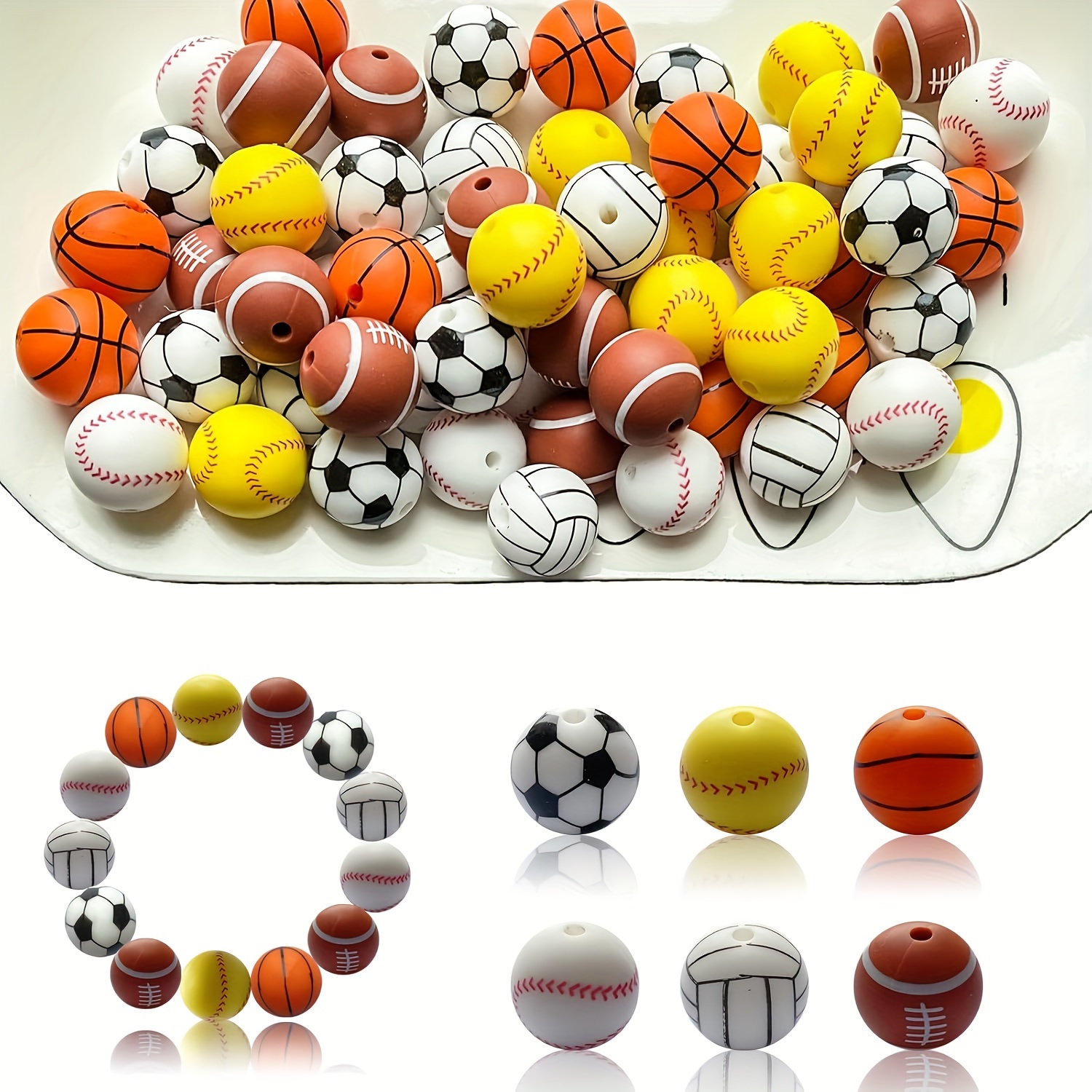 

60pcs Sports Silicone Beads 15mm Baseball Softball Football Round Silicone Beads Football Basketball Volleyball Silicone Accessories Kit Key Chain Bracelet Necklace Handmade Craft