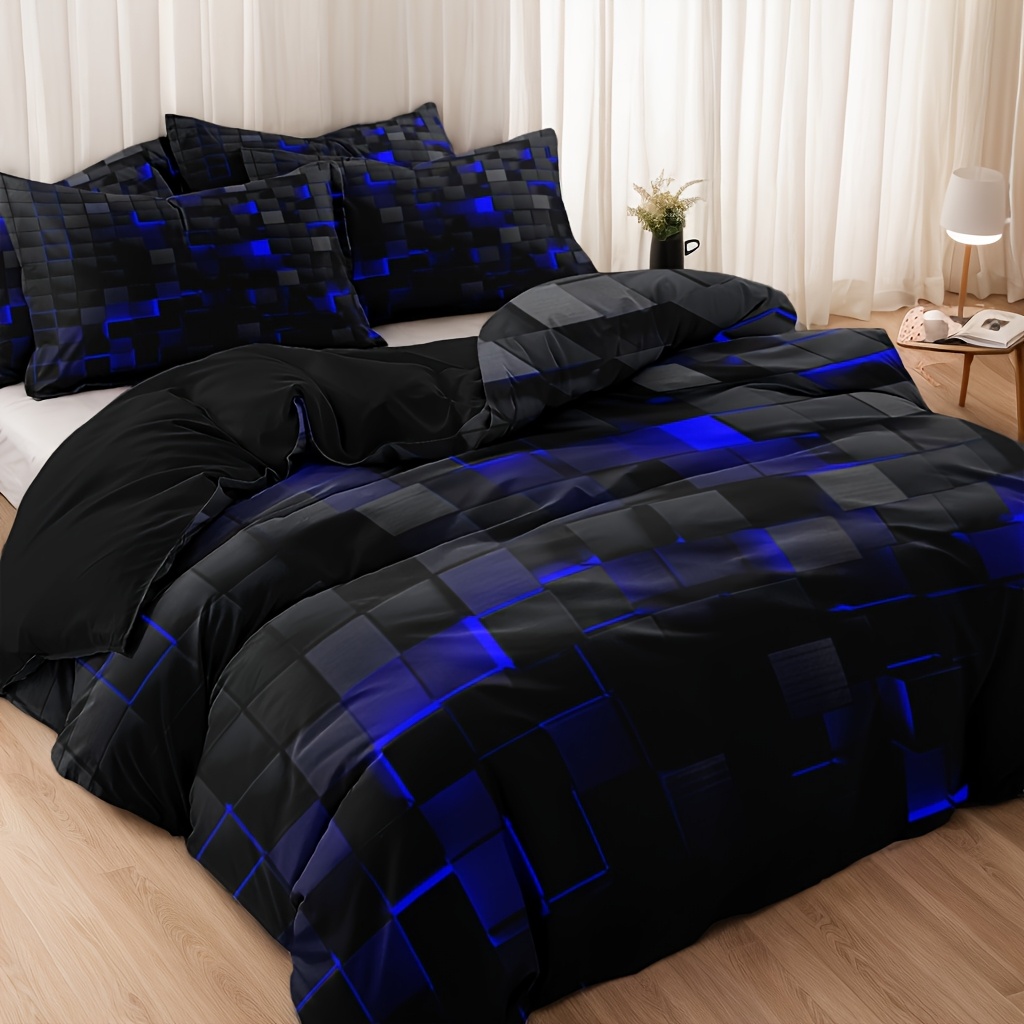 E-shop 3-teiliges modernes geometrisches Würfel-Design Daunenbettbezug-Set, weiche Mikrofaser-Plüsch, atmungsaktiv, mit Reißverschluss. Digitaldruck