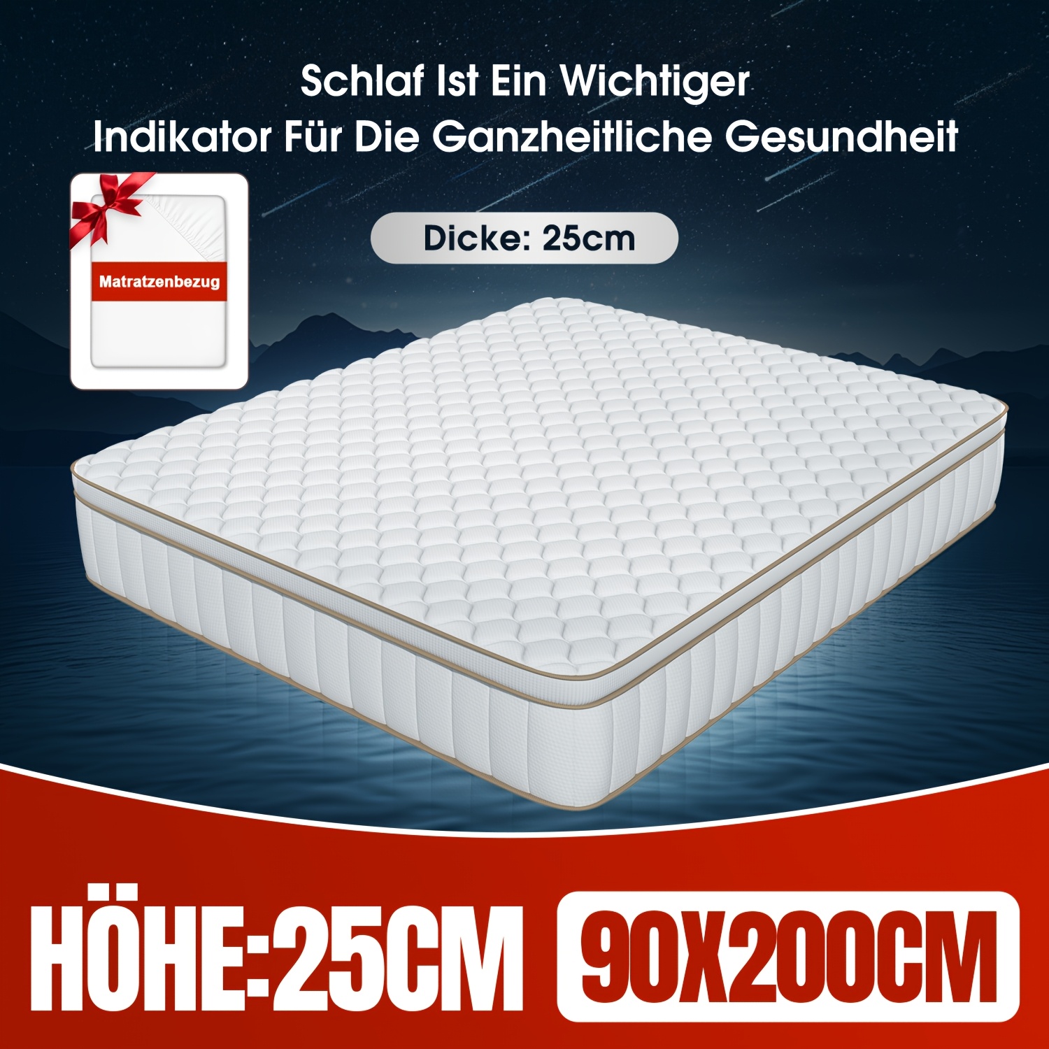 Mattress 80x200/90x190/90x200, 100x200/120x200, 140x190/140x200, 160x200/180x200 Cm, Premium Mattress, Ergonomic 7-zone Mattress, Spring Mattress With Fitted Sheet, Height 25cm, Firmness Grade H3