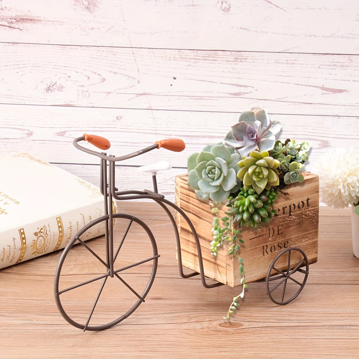 

1pc, Rustic Wooden Tricycle Plant Holder, Vintage Iron Bicycle Flower Pot, Farmhouse Decorative Indoor/outdoor Garden Display For Home & Office Desk, Ideal Holiday Gift Decor