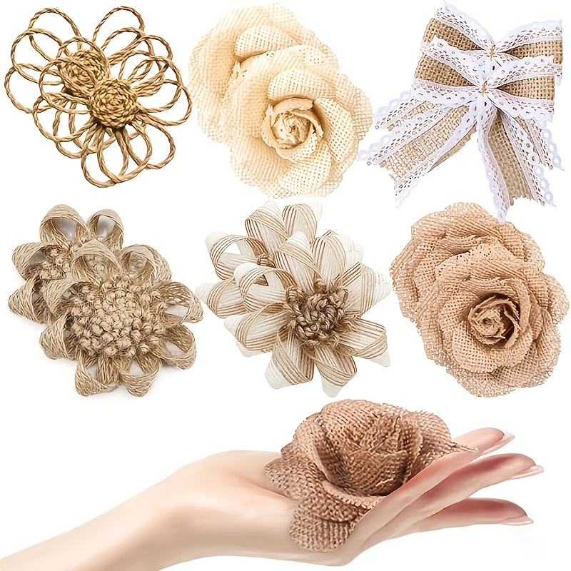 TEMU 12pcs Handmade 4-inch Jute Flowers, Rustic Style, Suitable For Wedding, Christmas Party Decorations, And Diy Crafts, Light Brown Jute Artificial