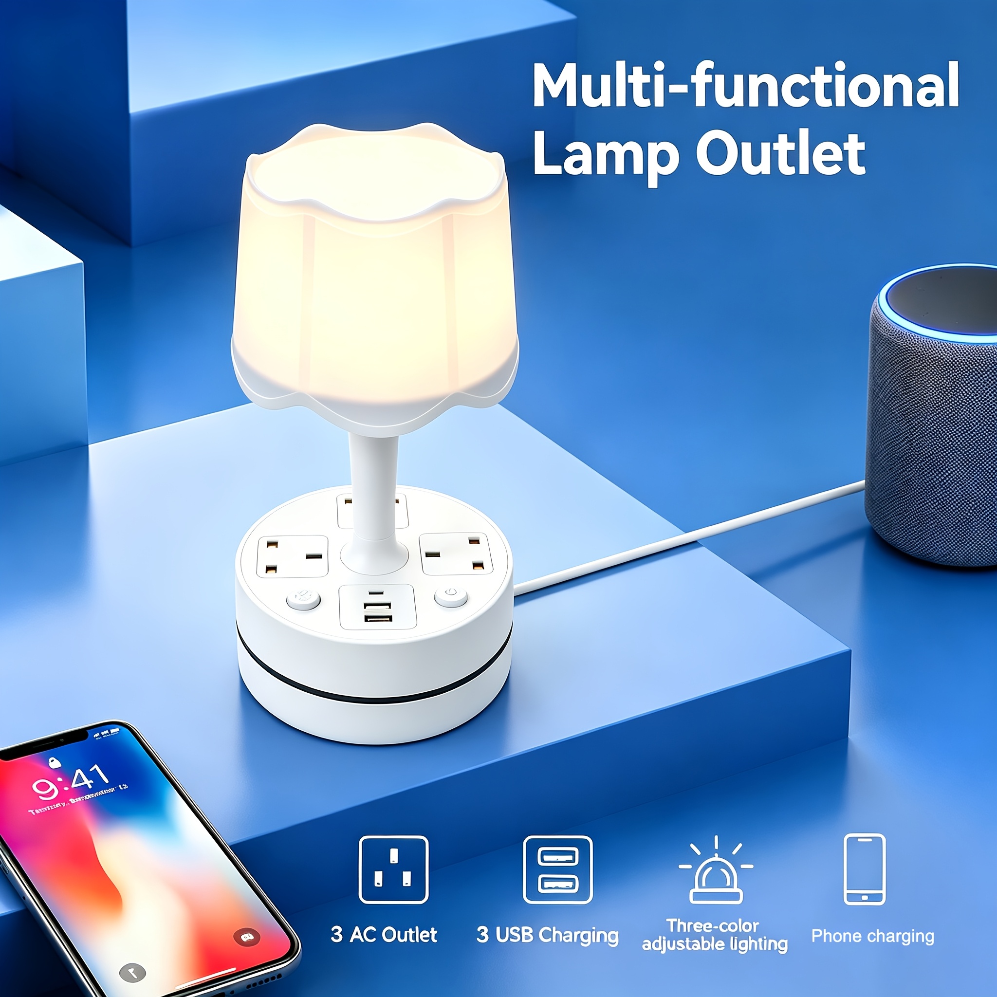 TEMU Uk Desktop Lamp With Power Outlet, 3-color Dimmable Led Night Light, 3 Ac Outlets + 2 Usb-a Ports + 1 Type-c Port, 1.95m/6.4ft Extension Cord